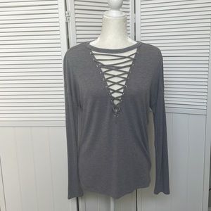 Express one eleven XS grey lace up tie up long sleeve top tshirt